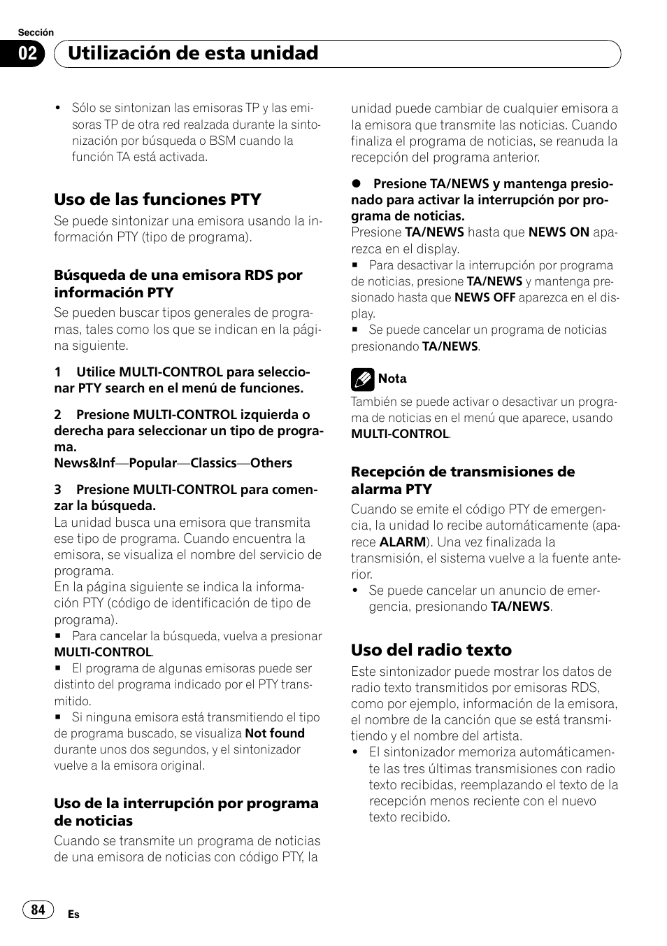 Uso de las funciones pty 84, Uso del radio texto 84, Utilización de esta unidad | Uso de las funciones pty, Uso del radio texto | Pioneer DEH-P85BT User Manual | Page 84 / 144