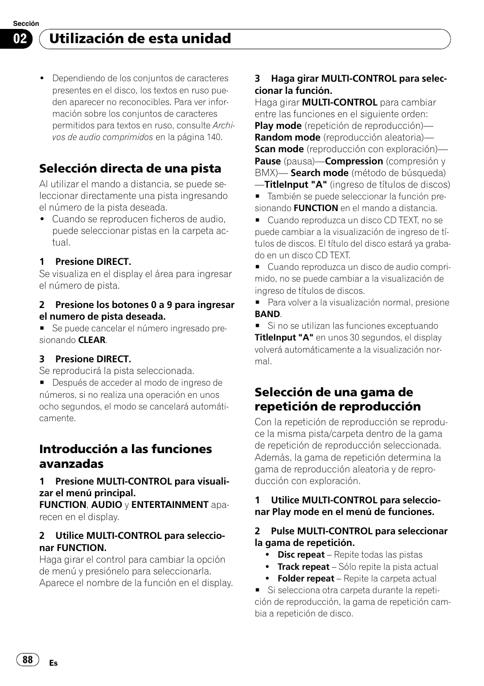 Selección directa de una pista 88, Introducción a las funciones, Avanzadas | Selección de una gama de repetición, De reproducción, Utilización de esta unidad, Selección directa de una pista, Introducción a las funciones avanzadas | Pioneer DEH-P85BT User Manual | Page 88 / 144
