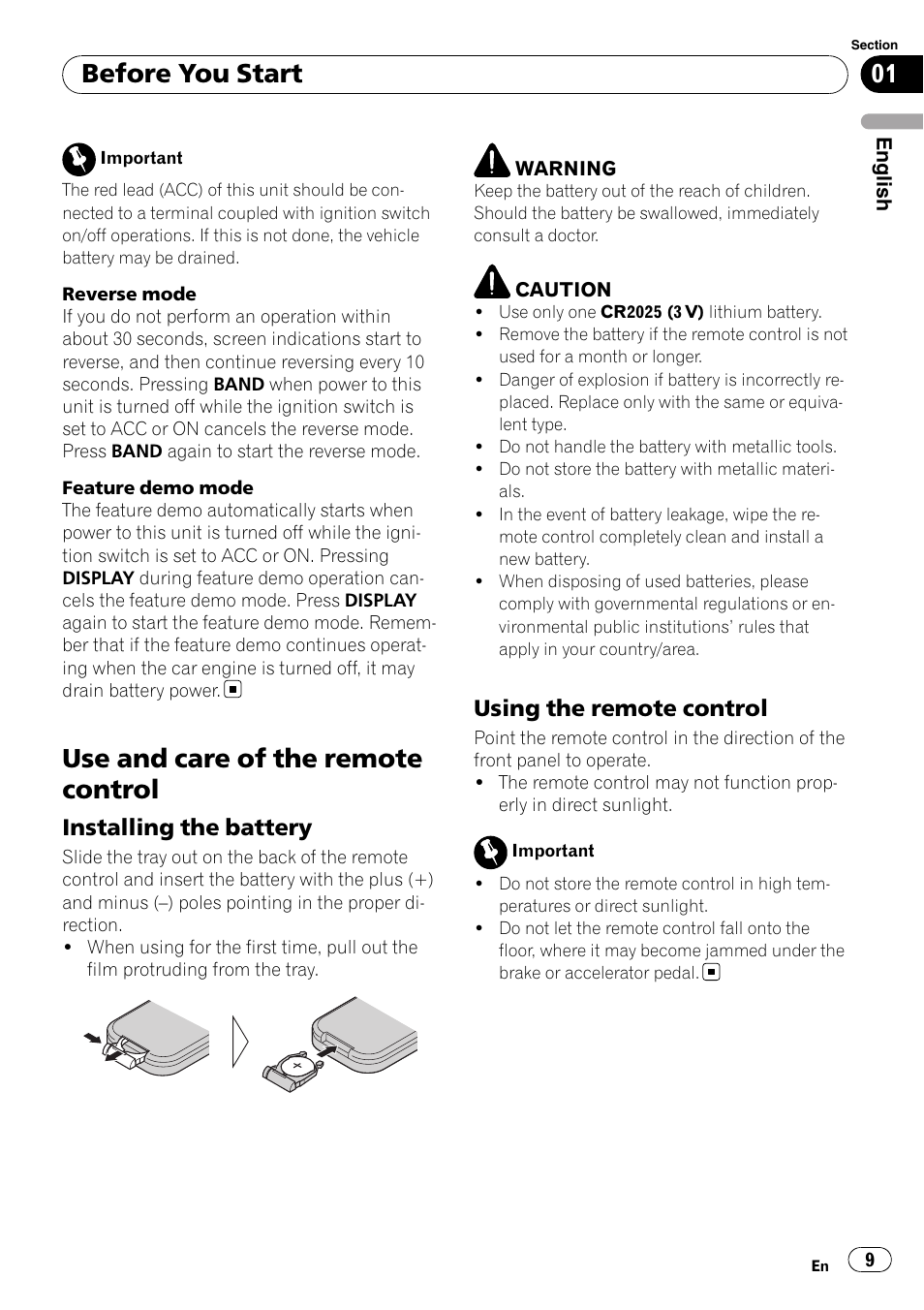 Use and care of the remote control, Installing the battery 9, Using the remote control 9 | Before you start, Installing the battery, Using the remote control | Pioneer DEH-P85BT User Manual | Page 9 / 144