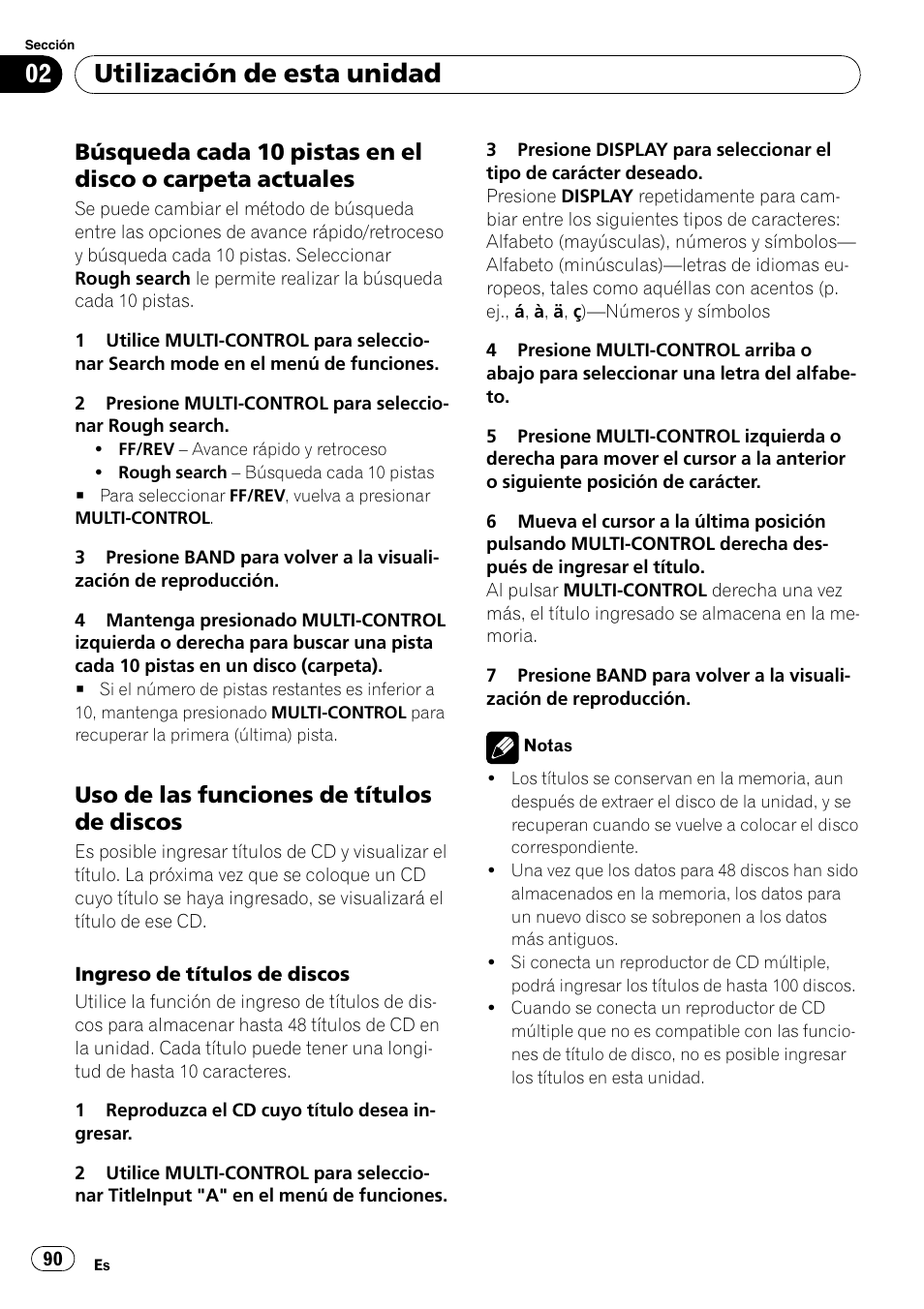 Búsqueda cada 10 pistas en el disco o, Carpeta actuales, Uso de las funciones de títulos de | Discos, Utilización de esta unidad, Uso de las funciones de títulos de discos | Pioneer DEH-P85BT User Manual | Page 90 / 144