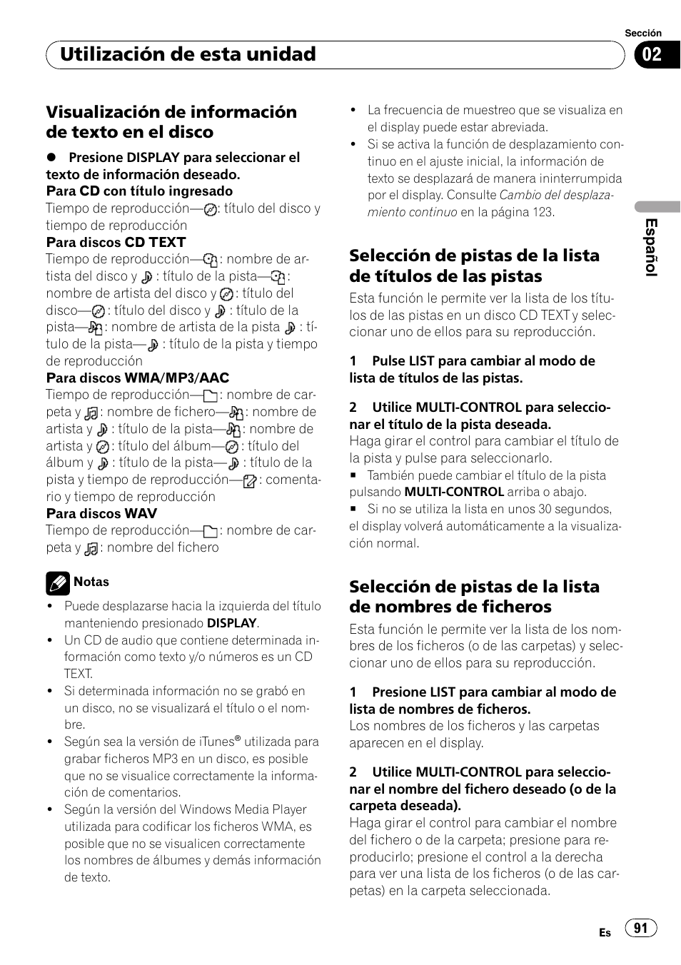 Visualización de información de texto, En el disco, Selección de pistas de la lista de títulos | De las pistas, Selección de pistas de la lista de, Nombres de ficheros, Utilización de esta unidad, Visualización de información de texto en el disco | Pioneer DEH-P85BT User Manual | Page 91 / 144