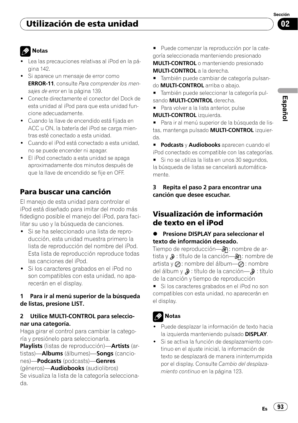 Para buscar una canción 93, Visualización de información de texto, En el ipod | Utilización de esta unidad, Para buscar una canción, Visualización de información de texto en el ipod | Pioneer DEH-P85BT User Manual | Page 93 / 144
