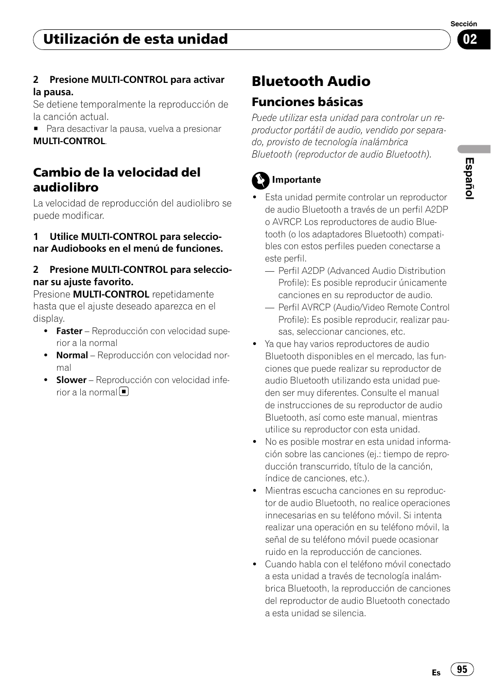 Cambio de la velocidad del, Audiolibro, Bluetooth audio | Funciones básicas 95, Utilización de esta unidad, Cambio de la velocidad del audiolibro, Funciones básicas | Pioneer DEH-P85BT User Manual | Page 95 / 144