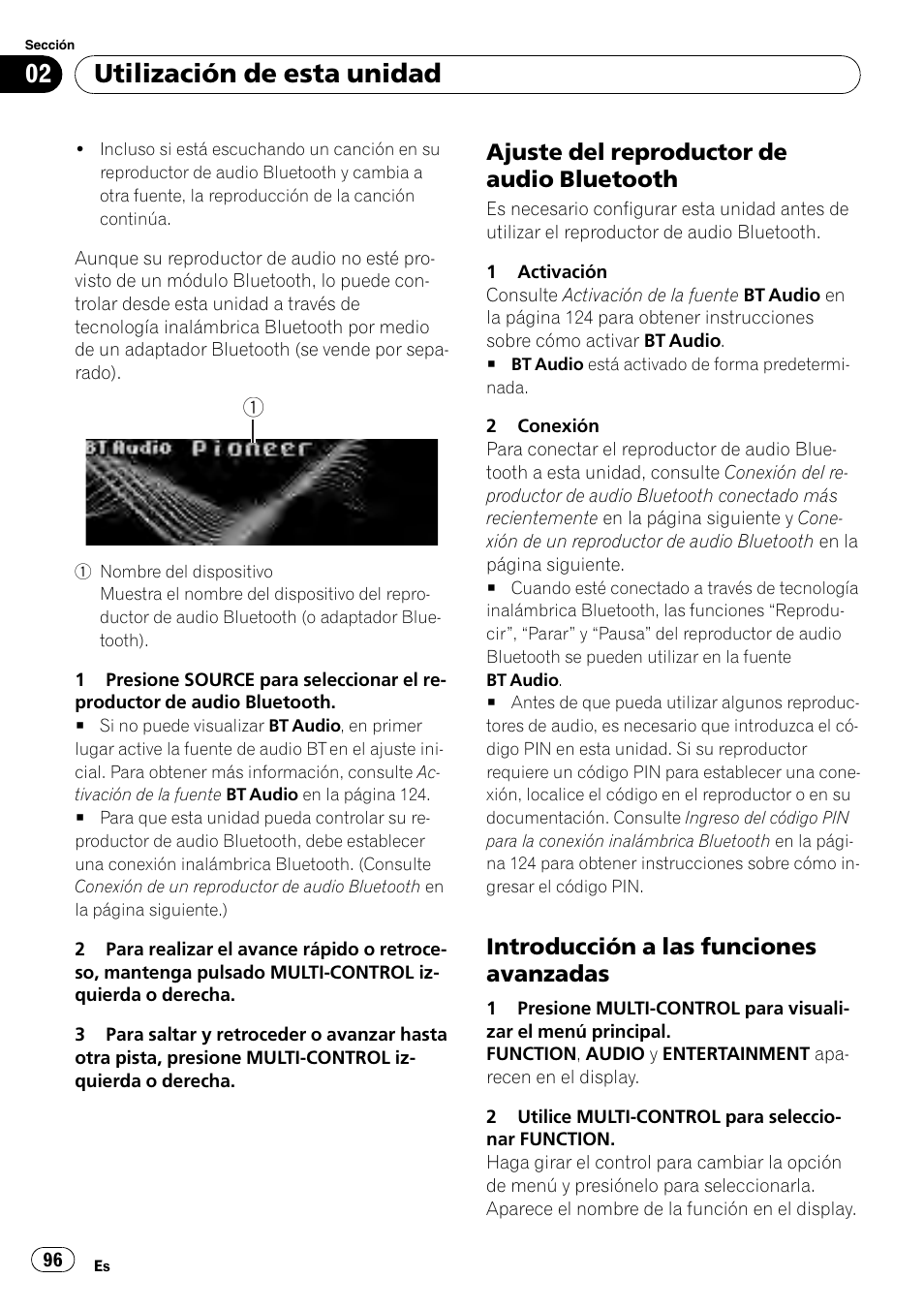 Ajuste del reproductor de audio, Bluetooth, Introducción a las funciones | Avanzadas, Utilización de esta unidad, Ajuste del reproductor de audio bluetooth, Introducción a las funciones avanzadas | Pioneer DEH-P85BT User Manual | Page 96 / 144