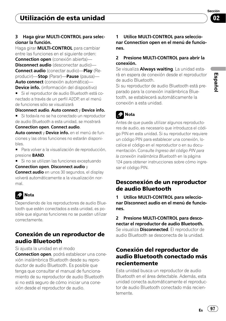 Conexión de un reproductor de audio, Bluetooth, Desconexión de un reproductor de | Audio bluetooth, Conexión del reproductor de audio, Bluetooth conectado más recientemente, Utilización de esta unidad, Conexión de un reproductor de audio bluetooth, Desconexión de un reproductor de audio bluetooth | Pioneer DEH-P85BT User Manual | Page 97 / 144