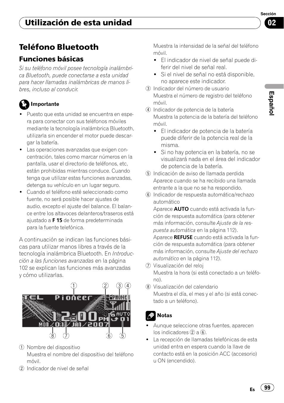 Teléfono bluetooth, Funciones básicas 99, Utilización de esta unidad | Funciones básicas | Pioneer DEH-P85BT User Manual | Page 99 / 144