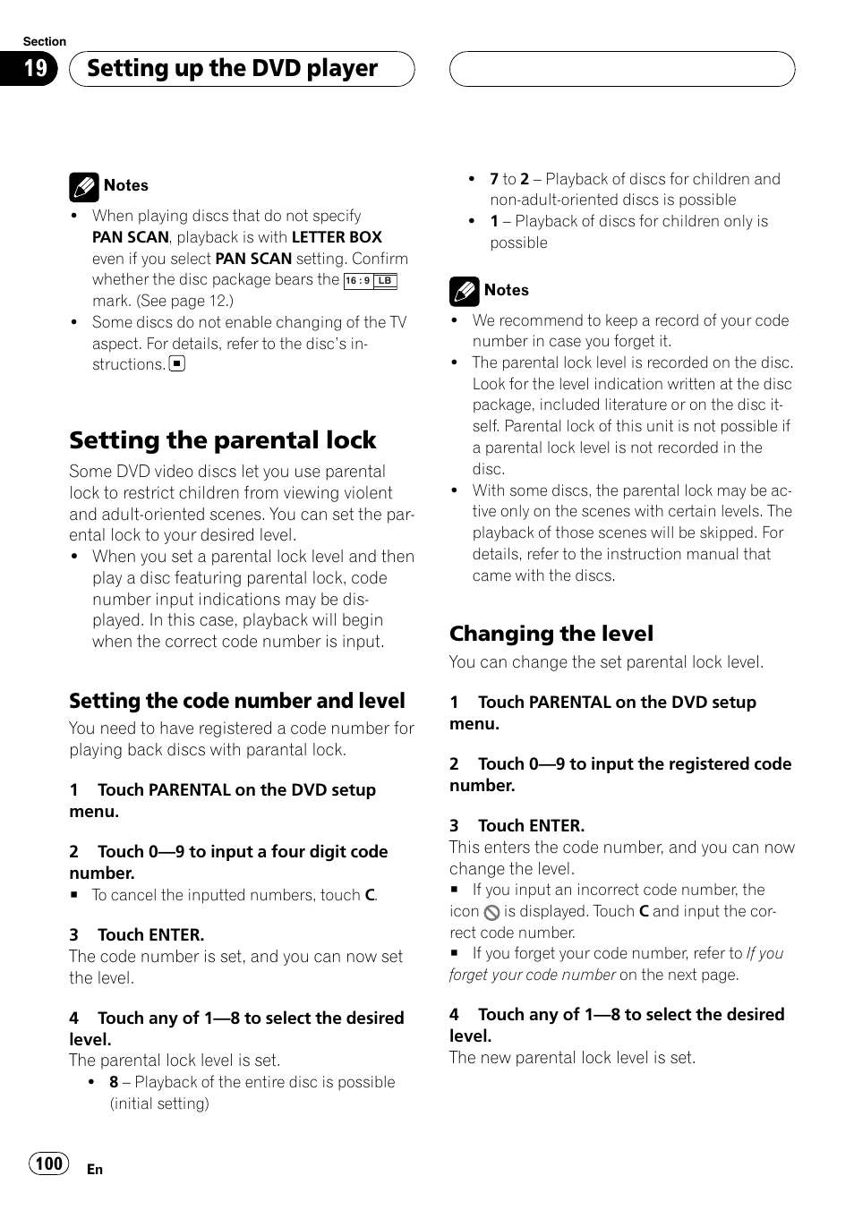 Setting the parental lock, Setting up the dvd player, Setting the code number and level | Changing the level | Pioneer SUPERTUNERIIID+ AVH-P7850DVD User Manual | Page 100 / 132
