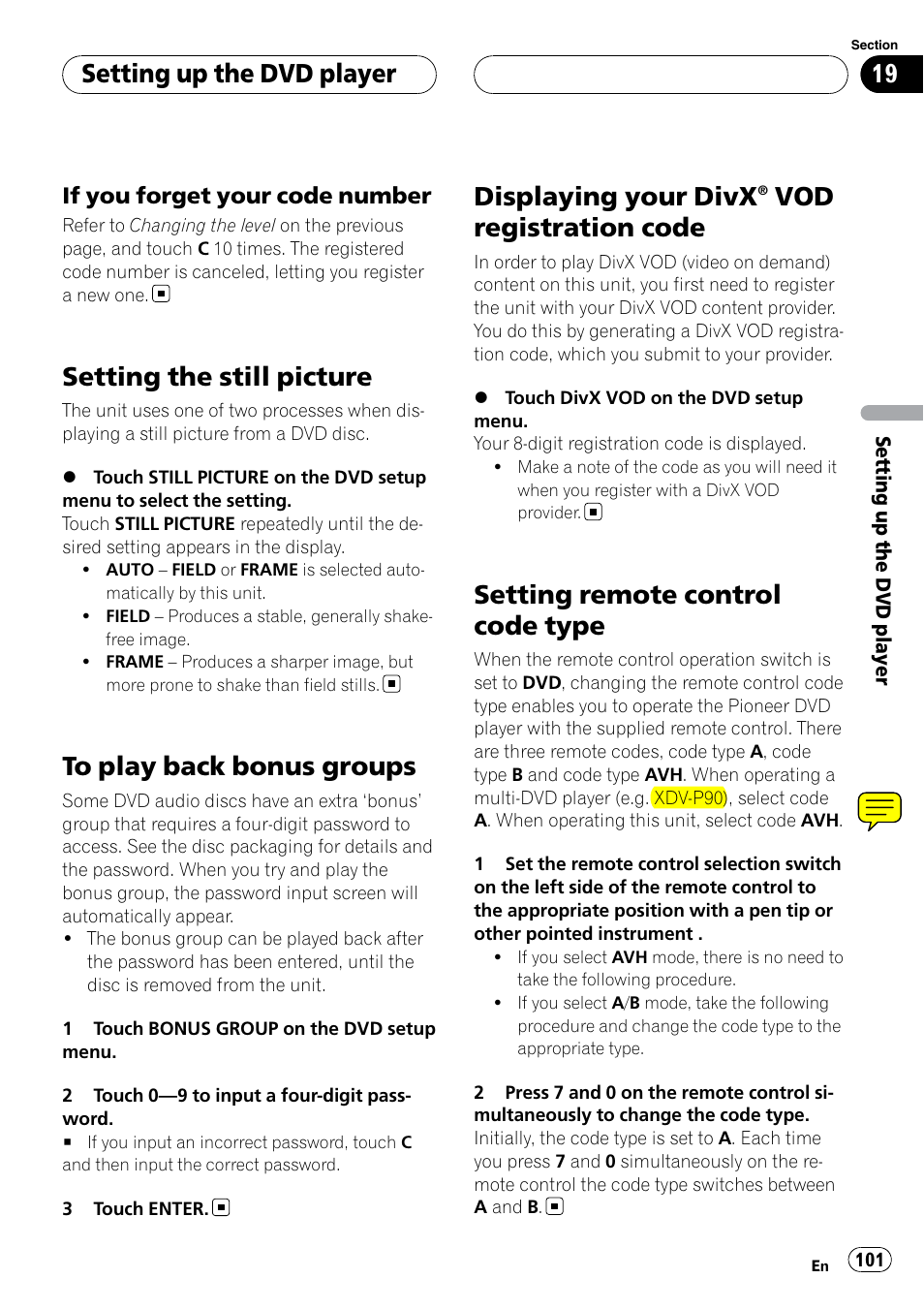Setting the still picture, To play back bonus groups, Displaying your divx® vod registration | Code, Setting remote control code type, Displaying your divx, Vod registration code, Setting up the dvd player | Pioneer SUPERTUNERIIID+ AVH-P7850DVD User Manual | Page 101 / 132