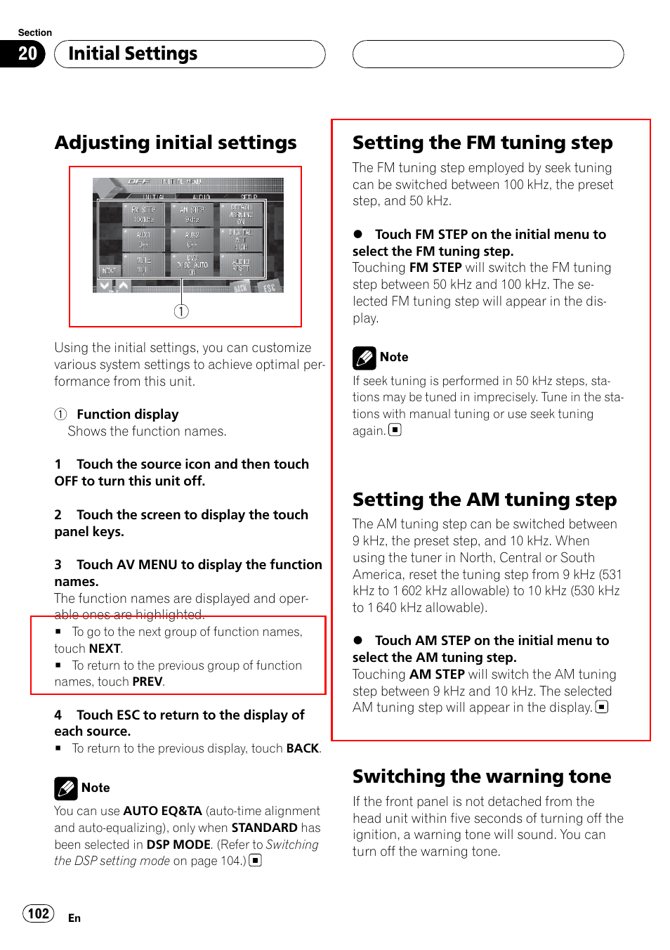 Initial settings adjusting initial settings, Setting the fm tuning step, Setting the am tuning step | Switching the warning tone, Adjusting initial settings, Initial settings | Pioneer SUPERTUNERIIID+ AVH-P7850DVD User Manual | Page 102 / 132
