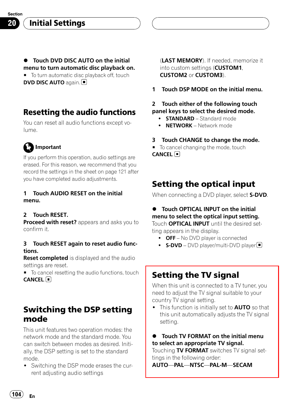 Resetting the audio functions, Switching the dsp setting mode, Setting the optical input | Setting the tv signal, Initial settings | Pioneer SUPERTUNERIIID+ AVH-P7850DVD User Manual | Page 104 / 132