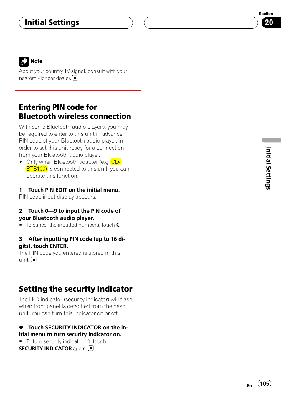 Entering pin code for bluetooth wireless, Connection, Setting the security indicator | Initial settings | Pioneer SUPERTUNERIIID+ AVH-P7850DVD User Manual | Page 105 / 132