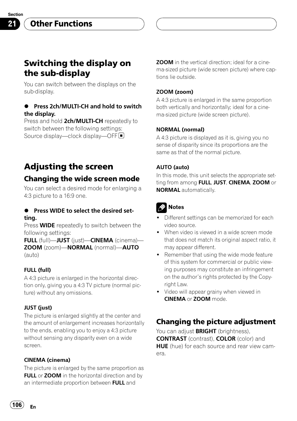 Other functions switching the display on the sub, Display, Adjusting the screen | Switching the display on the sub-display, Other functions, Changing the wide screen mode, Changing the picture adjustment | Pioneer SUPERTUNERIIID+ AVH-P7850DVD User Manual | Page 106 / 132