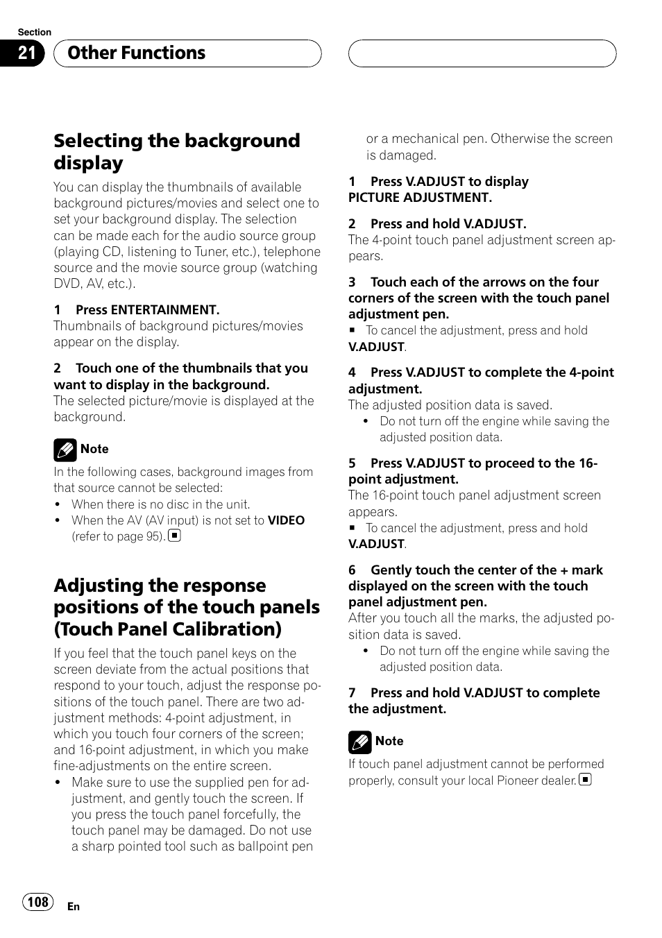 Selecting the background display, Adjusting the response positions of the, Touch panels (touch panel calibration) | Other functions | Pioneer SUPERTUNERIIID+ AVH-P7850DVD User Manual | Page 108 / 132