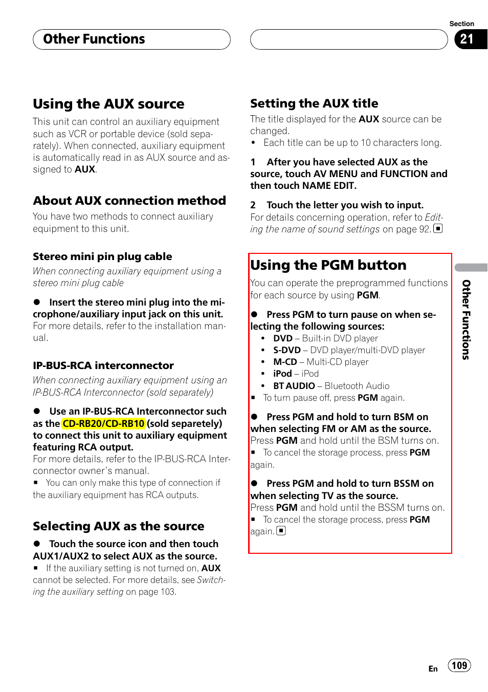 Using the aux source, Using the pgm button, Other functions | Pioneer SUPERTUNERIIID+ AVH-P7850DVD User Manual | Page 109 / 132