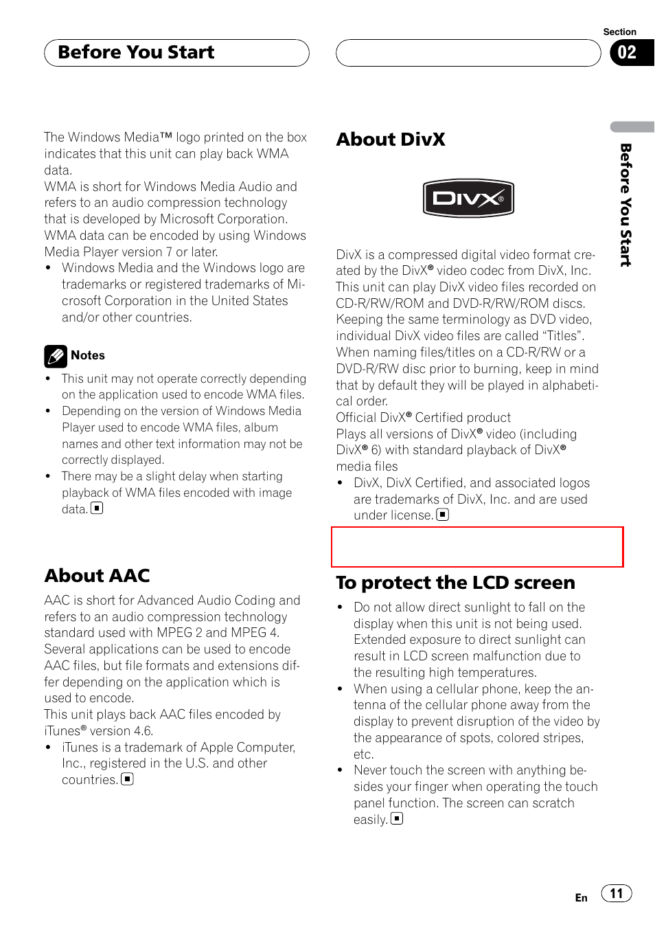 About aac, About divx, To protect the lcd screen | Before you start | Pioneer SUPERTUNERIIID+ AVH-P7850DVD User Manual | Page 11 / 132