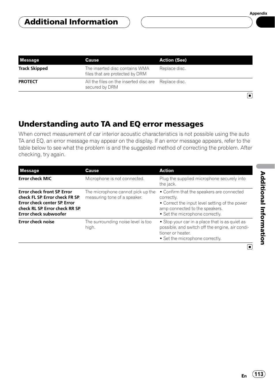 Understanding auto ta and eq error, Messages, Understanding auto ta and eq error messages | Additional information | Pioneer SUPERTUNERIIID+ AVH-P7850DVD User Manual | Page 113 / 132