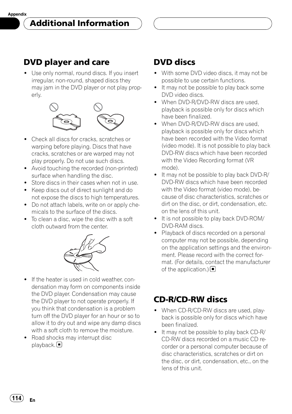 Dvd player and care, Dvd discs, Cd-r/cd-rw discs | Additional information | Pioneer SUPERTUNERIIID+ AVH-P7850DVD User Manual | Page 114 / 132