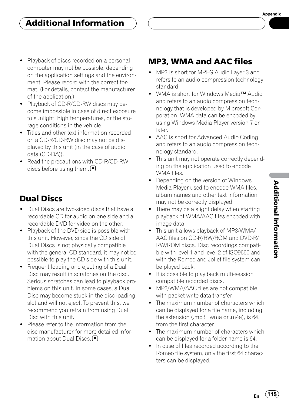 Dual discs, Mp3, wma and aac files, Additional information | Pioneer SUPERTUNERIIID+ AVH-P7850DVD User Manual | Page 115 / 132