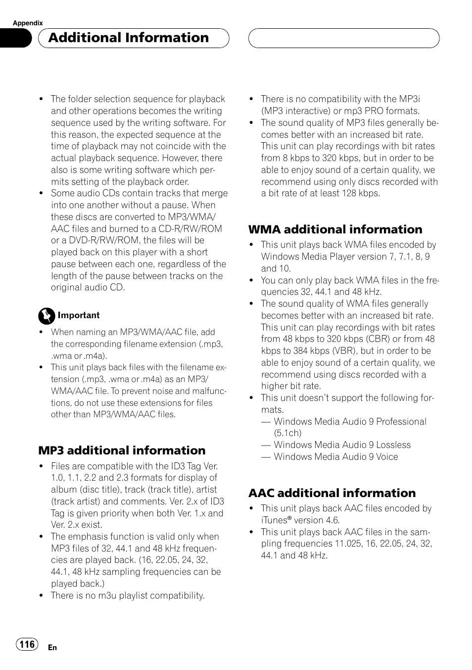 Additional information, Mp3 additional information, Wma additional information | Aac additional information | Pioneer SUPERTUNERIIID+ AVH-P7850DVD User Manual | Page 116 / 132