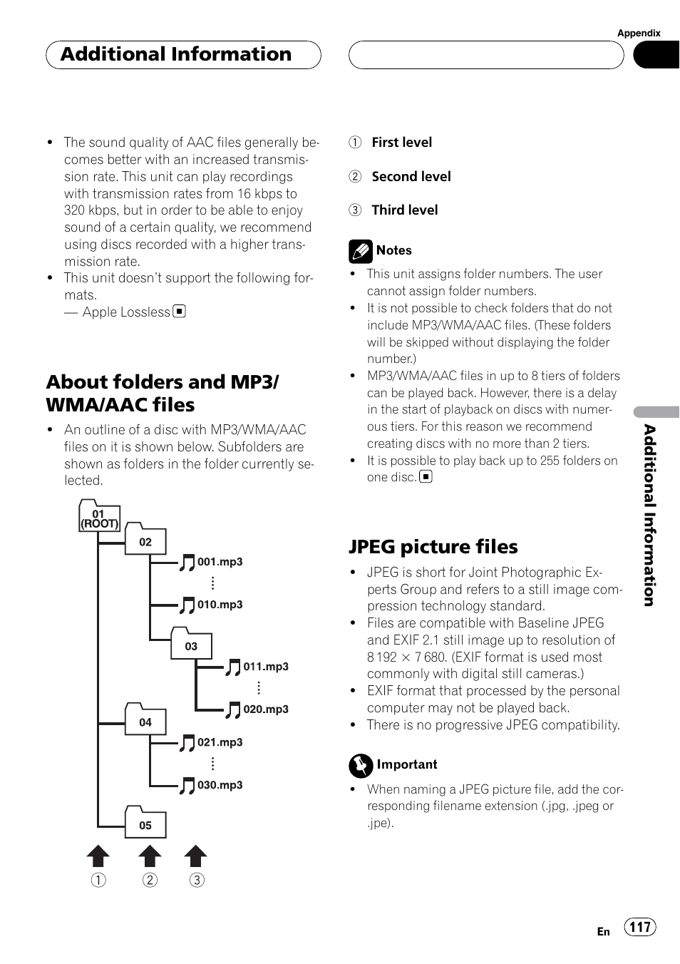 About folders and mp3/wma/aac files, Jpeg picture files, About folders and mp3/ wma/aac files | Additional information | Pioneer SUPERTUNERIIID+ AVH-P7850DVD User Manual | Page 117 / 132