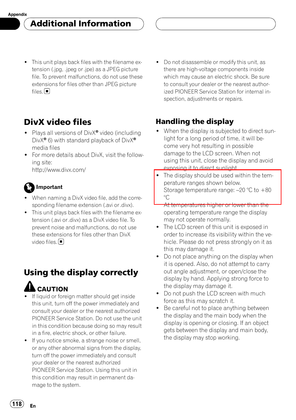 Divx video files, Using the display correctly, Additional information | Handling the display | Pioneer SUPERTUNERIIID+ AVH-P7850DVD User Manual | Page 118 / 132