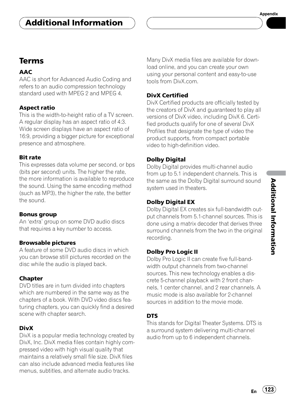 Terms, Additional information | Pioneer SUPERTUNERIIID+ AVH-P7850DVD User Manual | Page 123 / 132