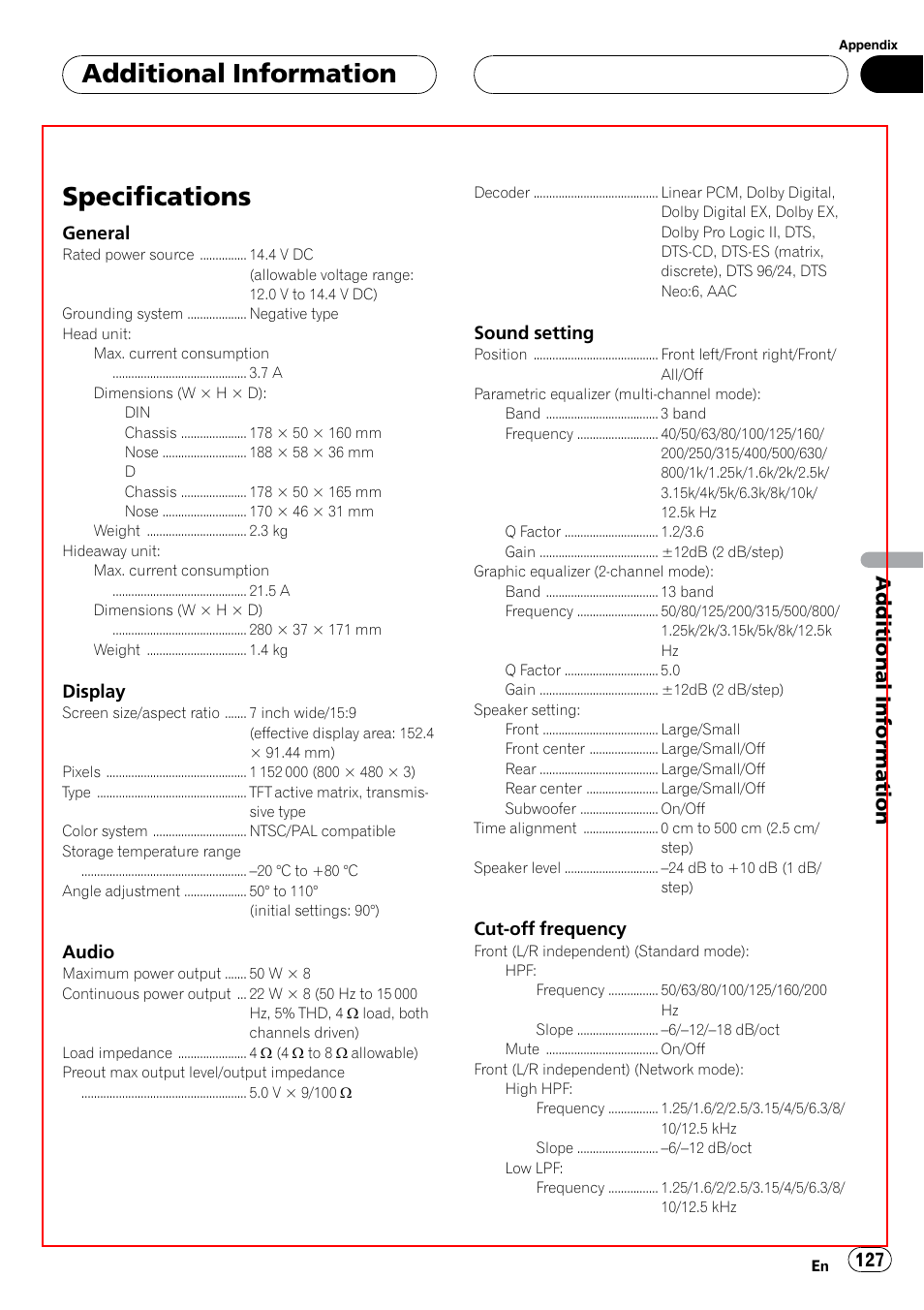 Specifications, Additional information | Pioneer SUPERTUNERIIID+ AVH-P7850DVD User Manual | Page 127 / 132