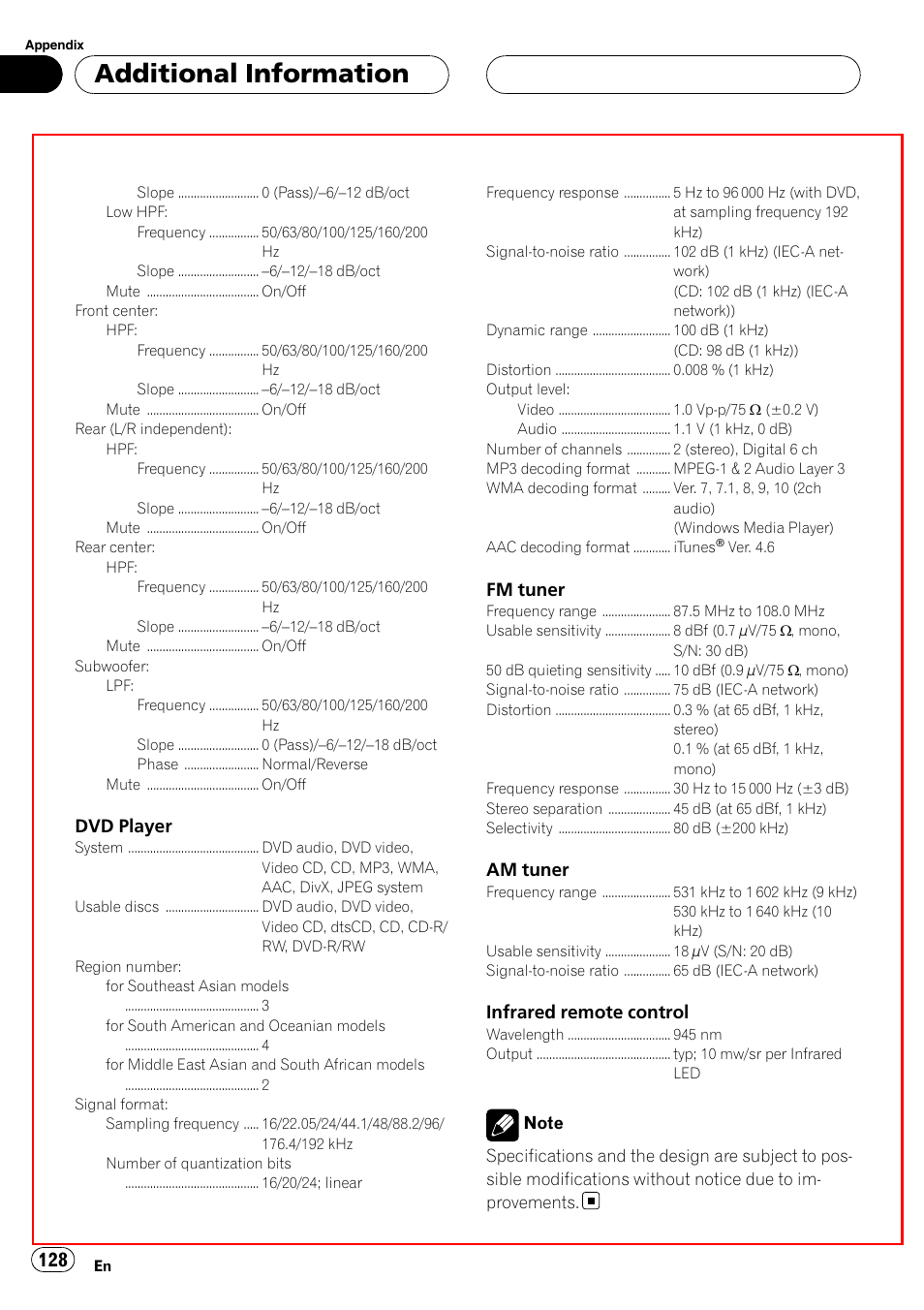 Additional information, Dvd player, Fm tuner | Am tuner, Infrared remote control | Pioneer SUPERTUNERIIID+ AVH-P7850DVD User Manual | Page 128 / 132