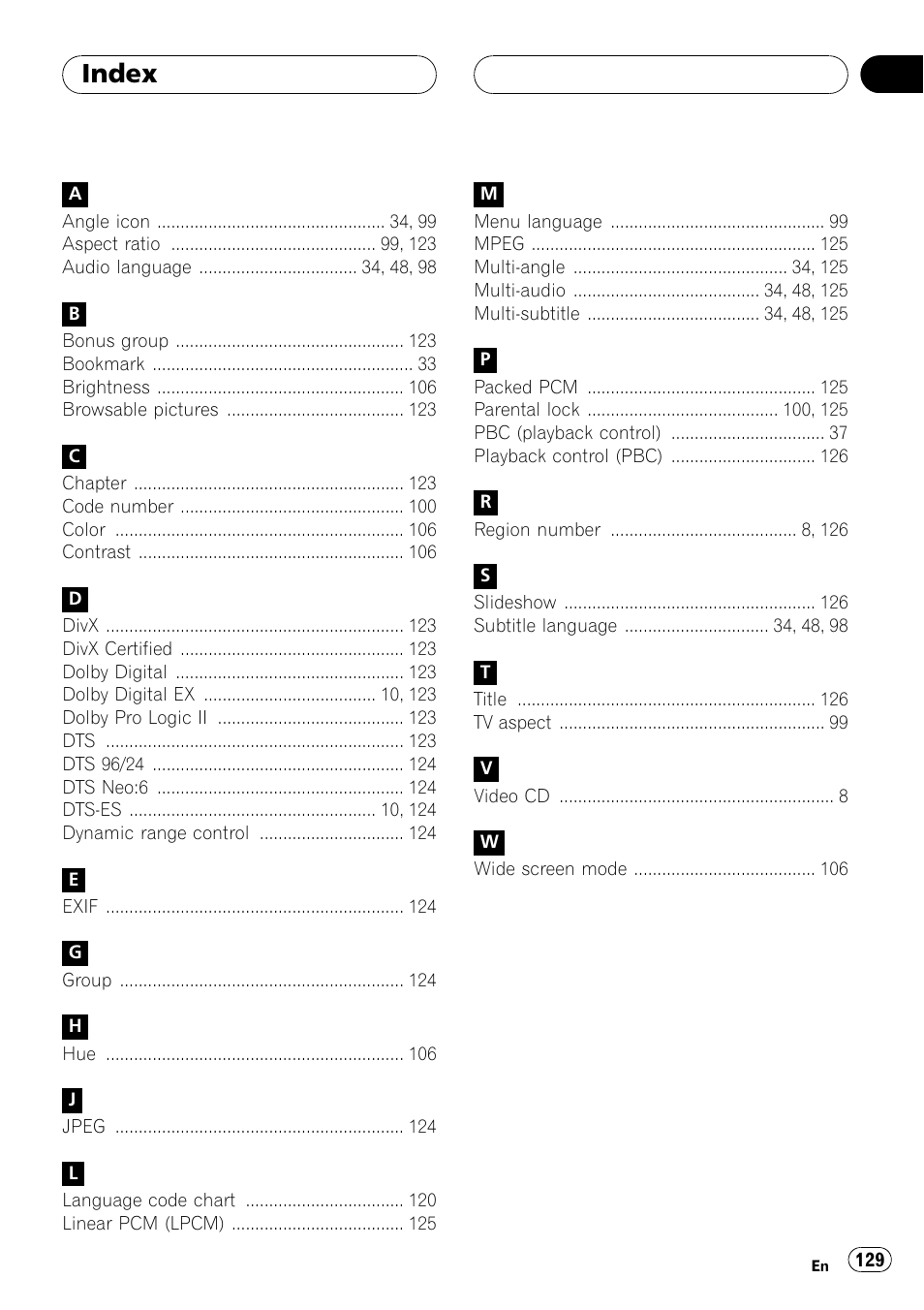 Index | Pioneer SUPERTUNERIIID+ AVH-P7850DVD User Manual | Page 129 / 132