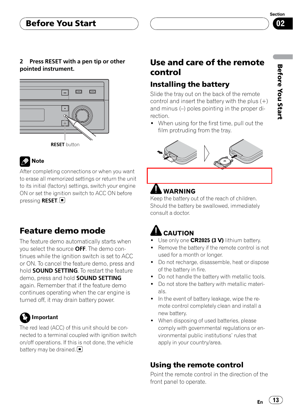 Feature demo mode, Use and care of the remote control, Before you start | Installing the battery, Using the remote control | Pioneer SUPERTUNERIIID+ AVH-P7850DVD User Manual | Page 13 / 132