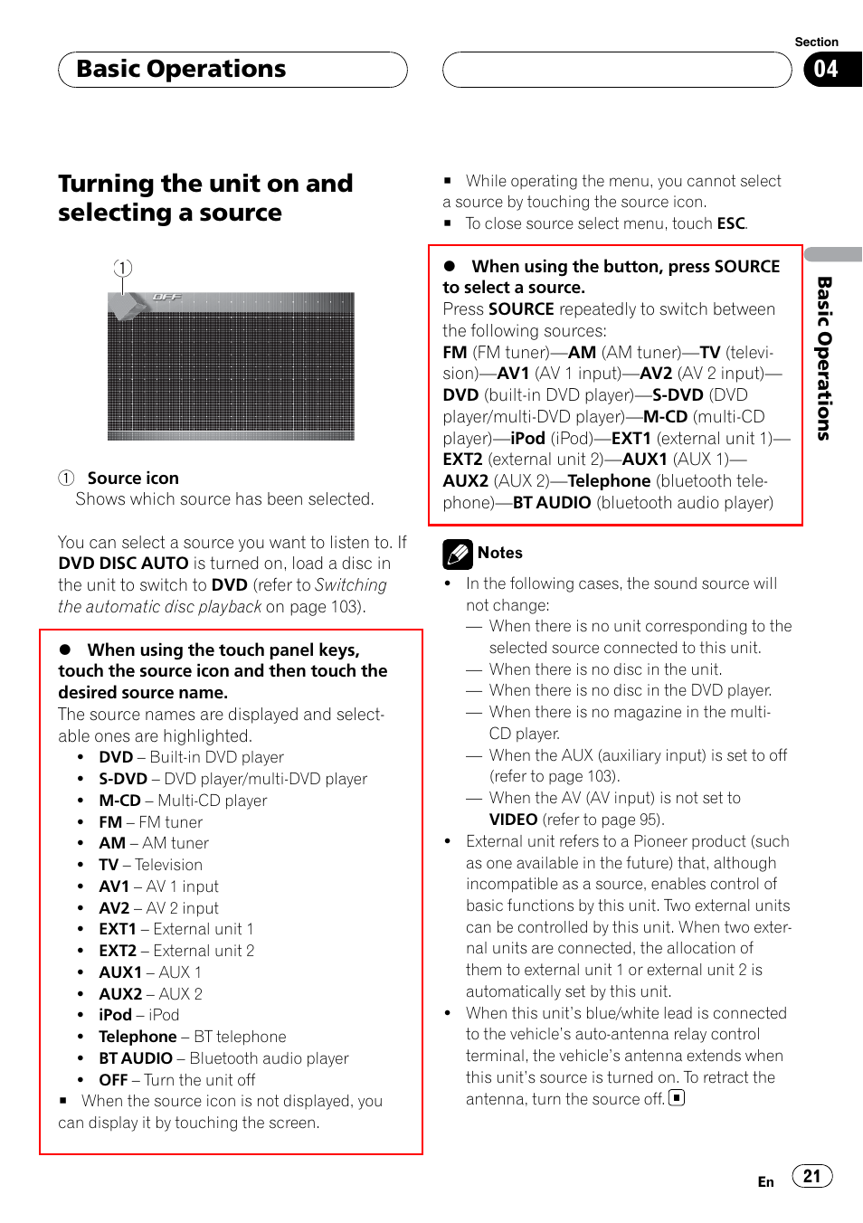 Source, Turning the unit on and selecting a source, Basic operations | Pioneer SUPERTUNERIIID+ AVH-P7850DVD User Manual | Page 21 / 132
