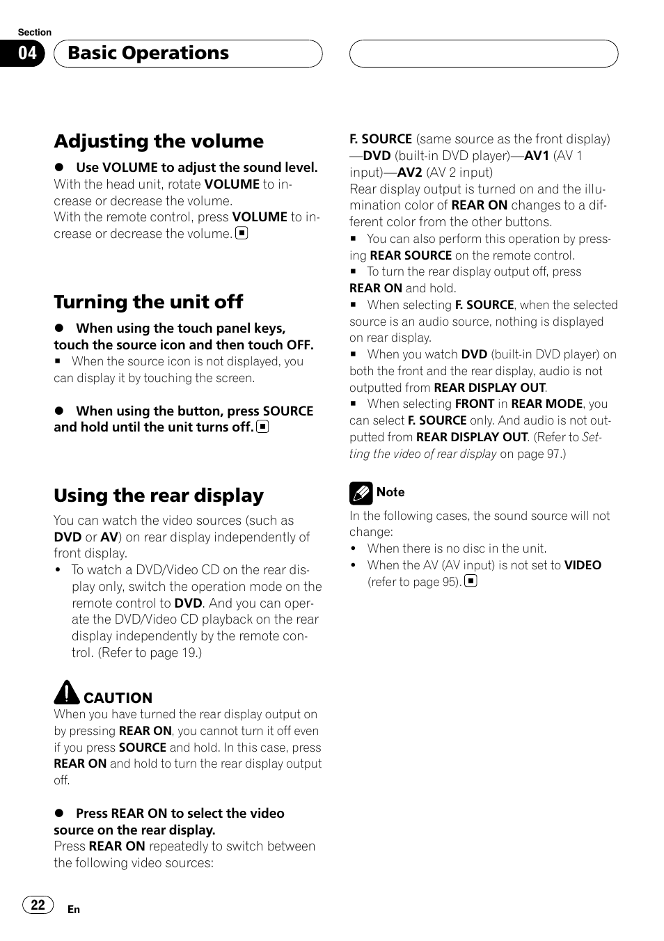 Adjusting the volume, Turning the unit off, Using the rear display | Basic operations | Pioneer SUPERTUNERIIID+ AVH-P7850DVD User Manual | Page 22 / 132