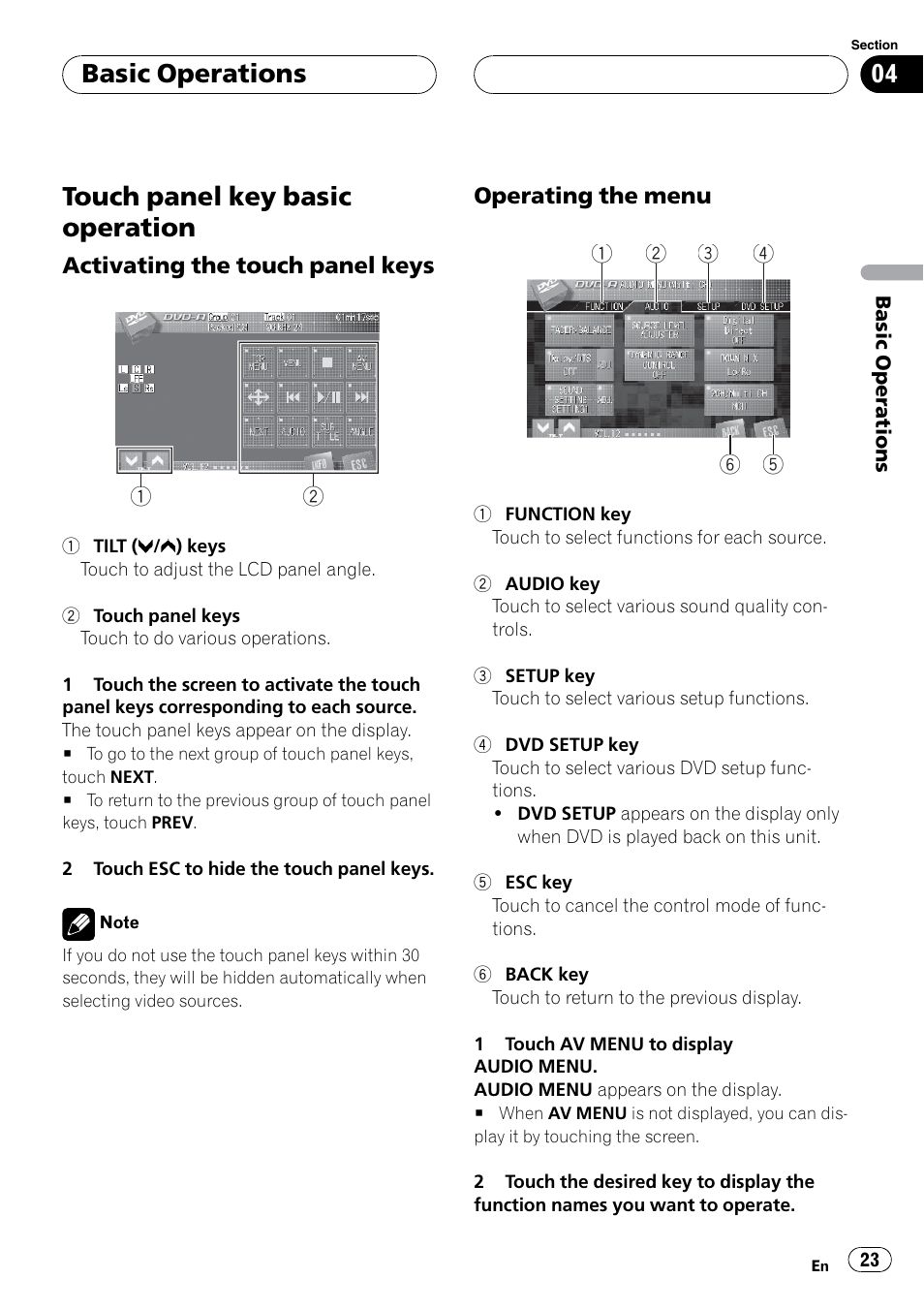 Touch panel key basic operation, Basic operations | Pioneer SUPERTUNERIIID+ AVH-P7850DVD User Manual | Page 23 / 132