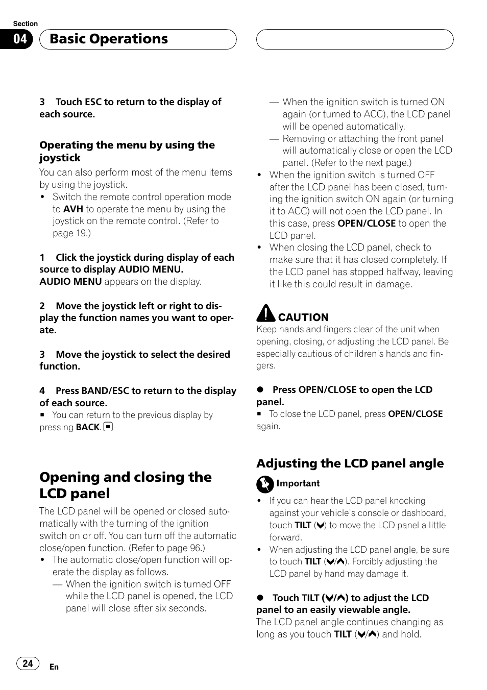 Opening and closing the lcd panel, Basic operations, Adjusting the lcd panel angle | Pioneer SUPERTUNERIIID+ AVH-P7850DVD User Manual | Page 24 / 132