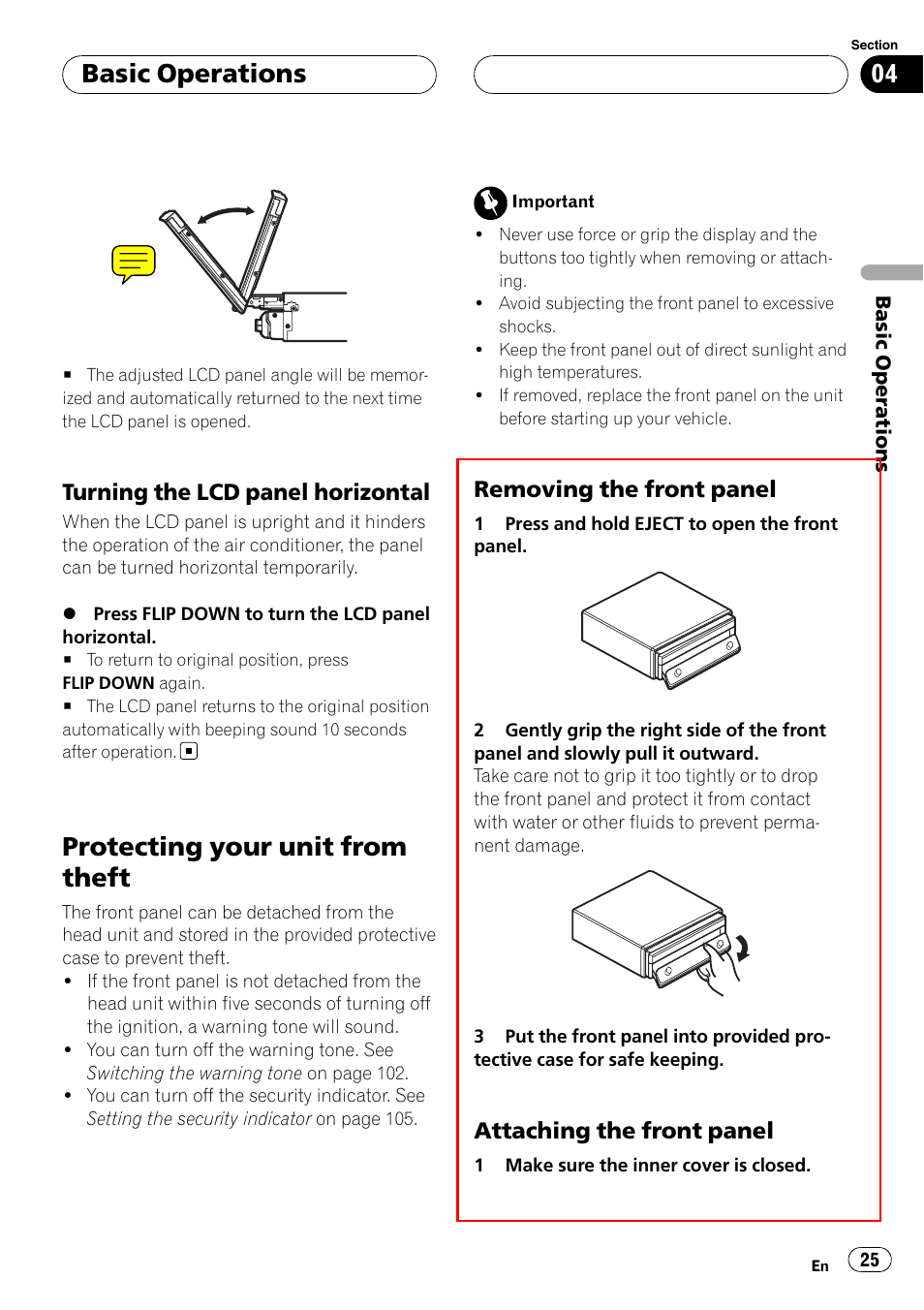 Protecting your unit from theft, Basic operations, Turning the lcd panel horizontal | Removing the front panel, Attaching the front panel | Pioneer SUPERTUNERIIID+ AVH-P7850DVD User Manual | Page 25 / 132