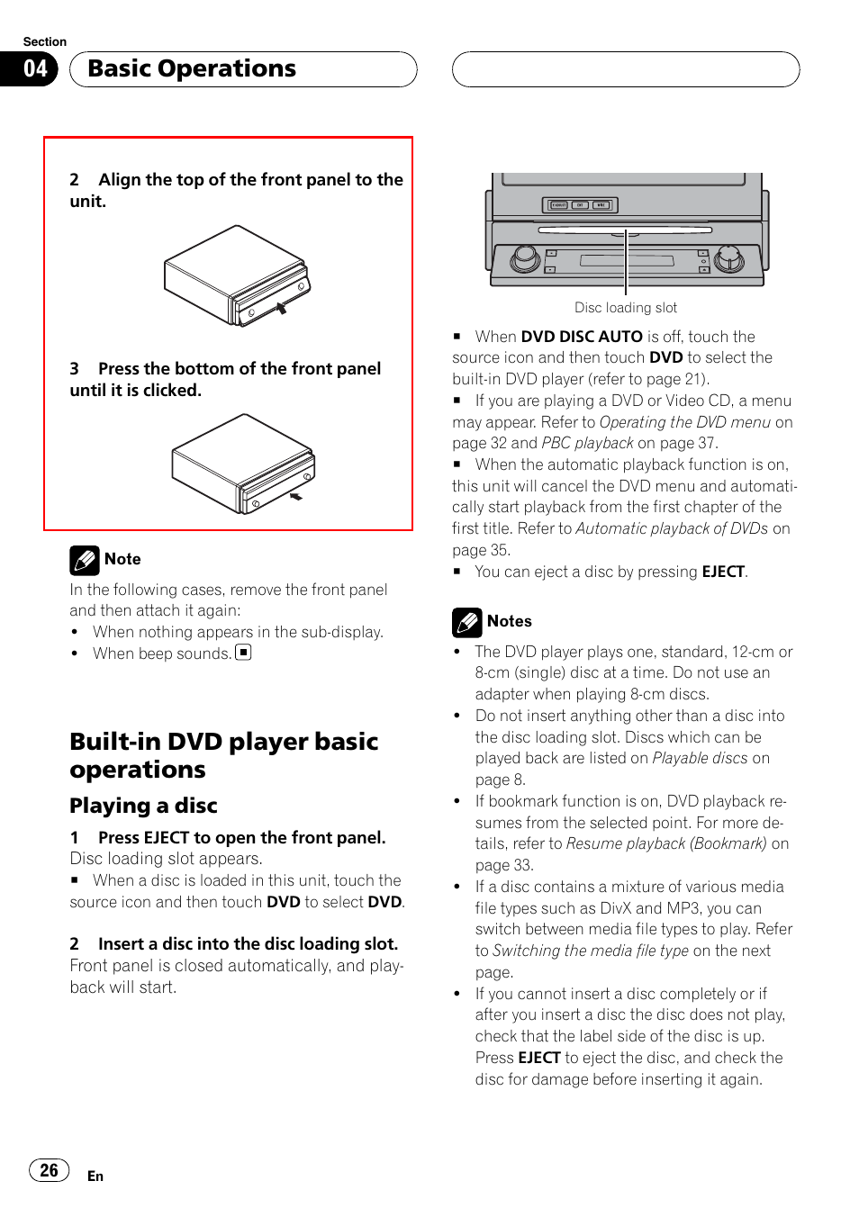 Built-in dvd player basic operations, Basic operations, Playing a disc | Pioneer SUPERTUNERIIID+ AVH-P7850DVD User Manual | Page 26 / 132