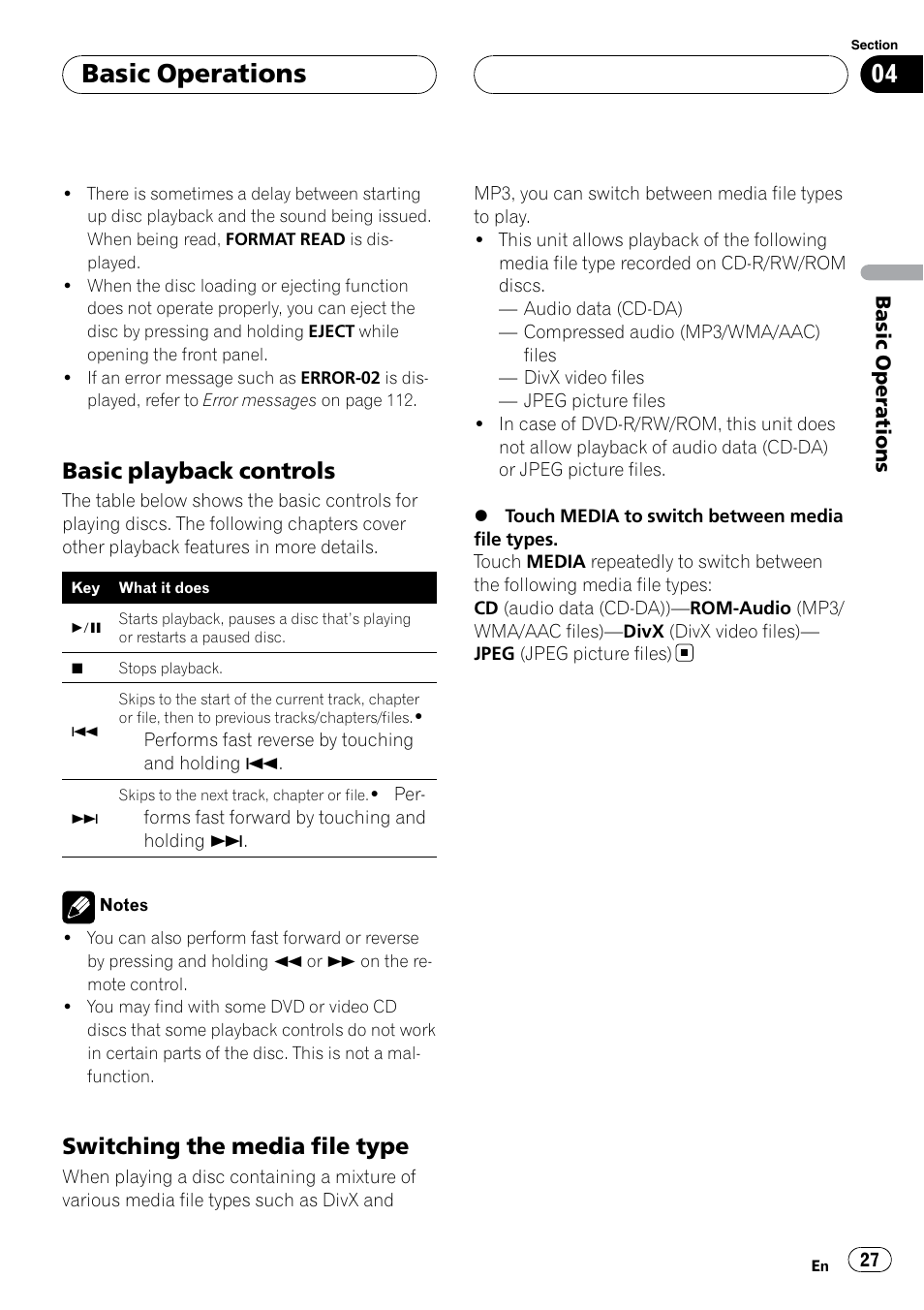 Basic operations, Basic playback controls, Switching the media file type | Pioneer SUPERTUNERIIID+ AVH-P7850DVD User Manual | Page 27 / 132