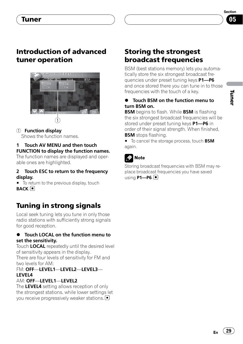 Introduction of advanced tuner, Operation, Tuning in strong signals | Storing the strongest broadcast, Frequencies, Introduction of advanced tuner operation, Storing the strongest broadcast frequencies, Tuner | Pioneer SUPERTUNERIIID+ AVH-P7850DVD User Manual | Page 29 / 132