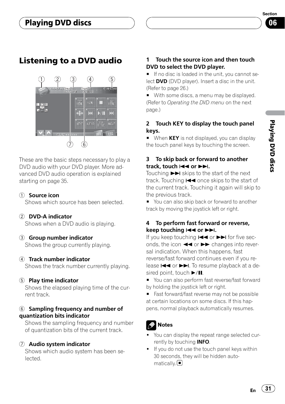Listening to a dvd audio, Playing dvd discs | Pioneer SUPERTUNERIIID+ AVH-P7850DVD User Manual | Page 31 / 132