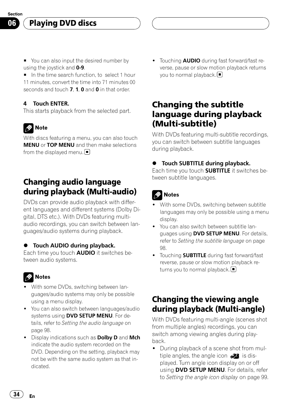 Changing audio language during playback, Multi-audio), Changing the subtitle language during | Playback (multi-subtitle), Changing the viewing angle during playback, Multi-angle), Playing dvd discs | Pioneer SUPERTUNERIIID+ AVH-P7850DVD User Manual | Page 34 / 132