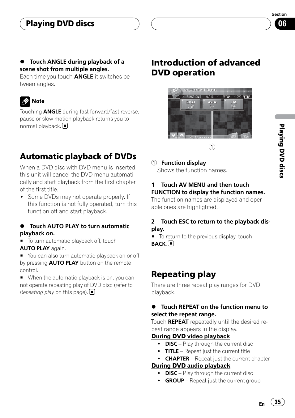 Automatic playback of dvds, Introduction of advanced dvd operation, Repeating play | Playing dvd discs | Pioneer SUPERTUNERIIID+ AVH-P7850DVD User Manual | Page 35 / 132