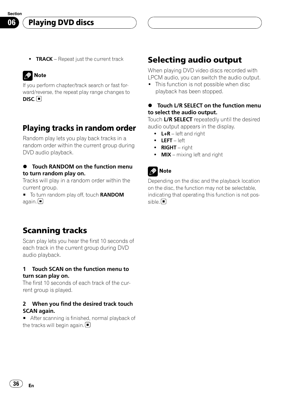 Playing tracks in random order, Scanning tracks, Selecting audio output | Playing dvd discs | Pioneer SUPERTUNERIIID+ AVH-P7850DVD User Manual | Page 36 / 132