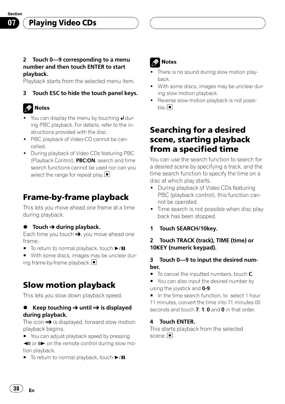 Frame-by-frame playback, Slow motion playback, Searching for a desired scene, starting | Playback from a specified time, Playing video cds | Pioneer SUPERTUNERIIID+ AVH-P7850DVD User Manual | Page 38 / 132
