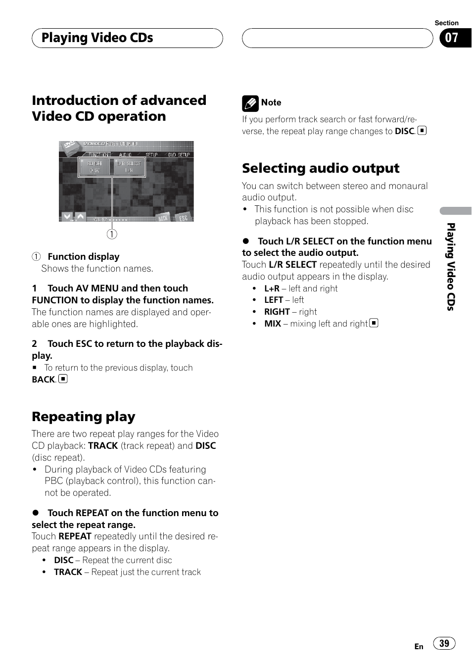 Introduction of advanced video cd, Operation, Repeating play | Selecting audio output, Introduction of advanced video cd operation, Playing video cds | Pioneer SUPERTUNERIIID+ AVH-P7850DVD User Manual | Page 39 / 132