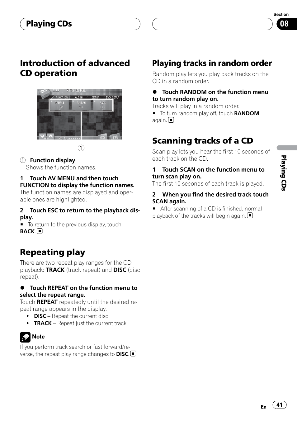 Introduction of advanced cd operation, Repeating play, Playing tracks in random order | Scanning tracks of a cd, Playing cds | Pioneer SUPERTUNERIIID+ AVH-P7850DVD User Manual | Page 41 / 132