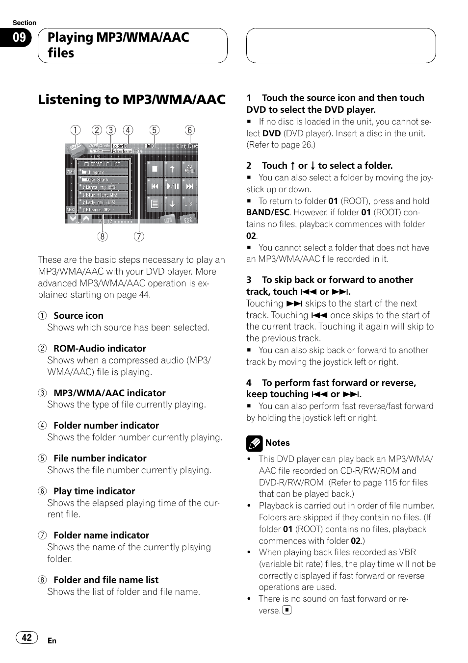 Playing mp3/wma/aac files listening to mp3/wma/aac, Listening to mp3/wma/aac, Playing mp3/wma/aac files | Pioneer SUPERTUNERIIID+ AVH-P7850DVD User Manual | Page 42 / 132