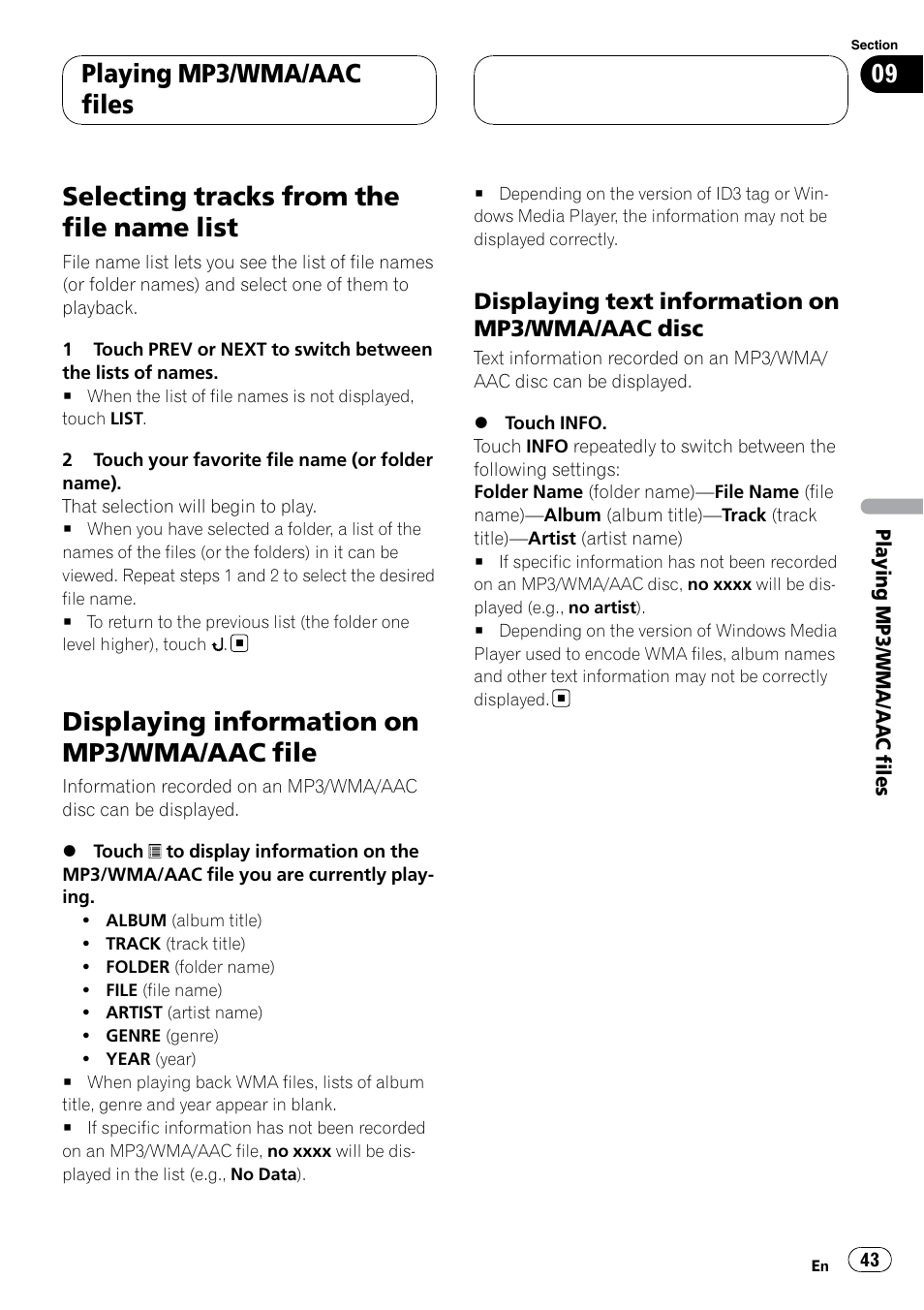 Selecting tracks from the file name list, Displaying information on mp3/wma/aac, File | Displaying information on mp3/wma/aac file, Playing mp3/wma/aac files, Displaying text information on mp3/wma/aac disc | Pioneer SUPERTUNERIIID+ AVH-P7850DVD User Manual | Page 43 / 132