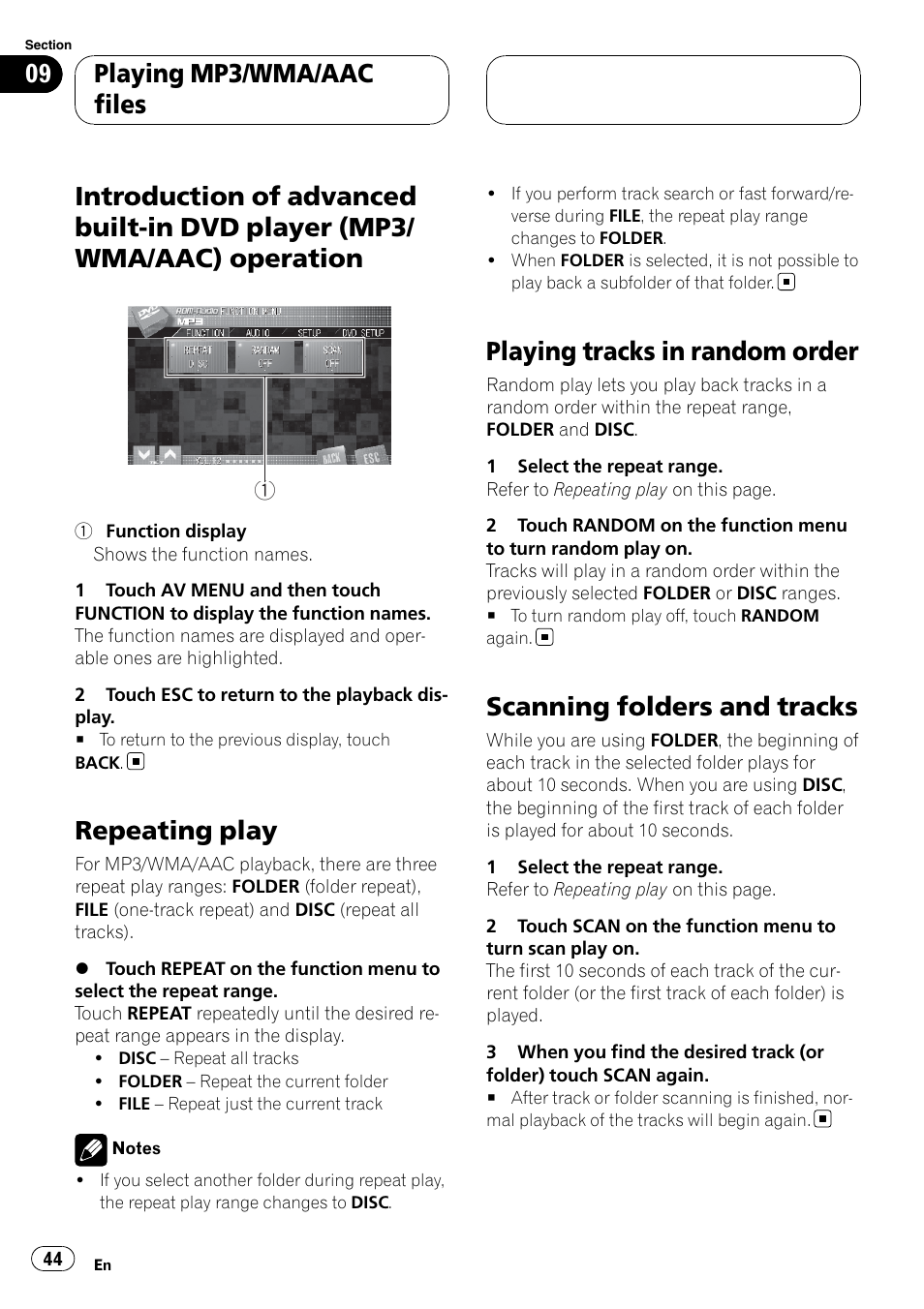 Introduction of advanced built-in dvd player, Mp3/wma/aac) operation, Repeating play | Playing tracks in random order, Scanning folders and tracks, Playing mp3/wma/aac files | Pioneer SUPERTUNERIIID+ AVH-P7850DVD User Manual | Page 44 / 132