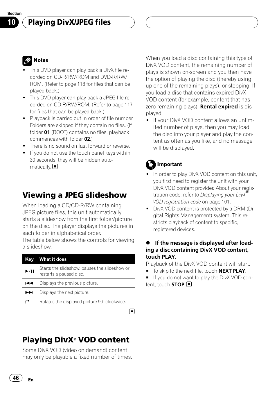 Viewing a jpeg slideshow, Playing divx® vod content, Playing divx | Vod content, Playing divx/jpeg files | Pioneer SUPERTUNERIIID+ AVH-P7850DVD User Manual | Page 46 / 132