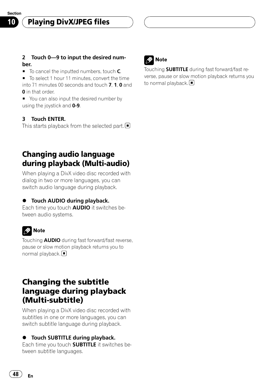 Changing audio language during playback, Multi-audio), Changing the subtitle language during | Playback (multi-subtitle), Playing divx/jpeg files | Pioneer SUPERTUNERIIID+ AVH-P7850DVD User Manual | Page 48 / 132